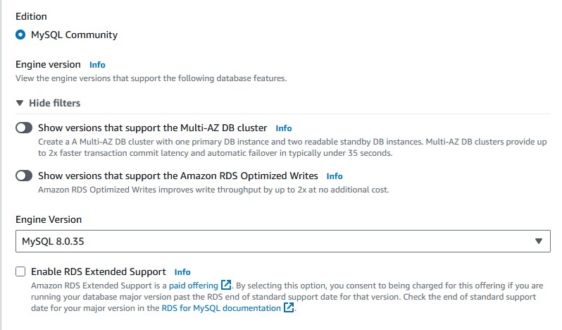 RDS MySQL Database Engine Options