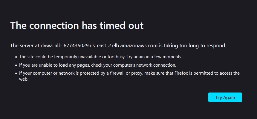 DVWA Connection Timeout