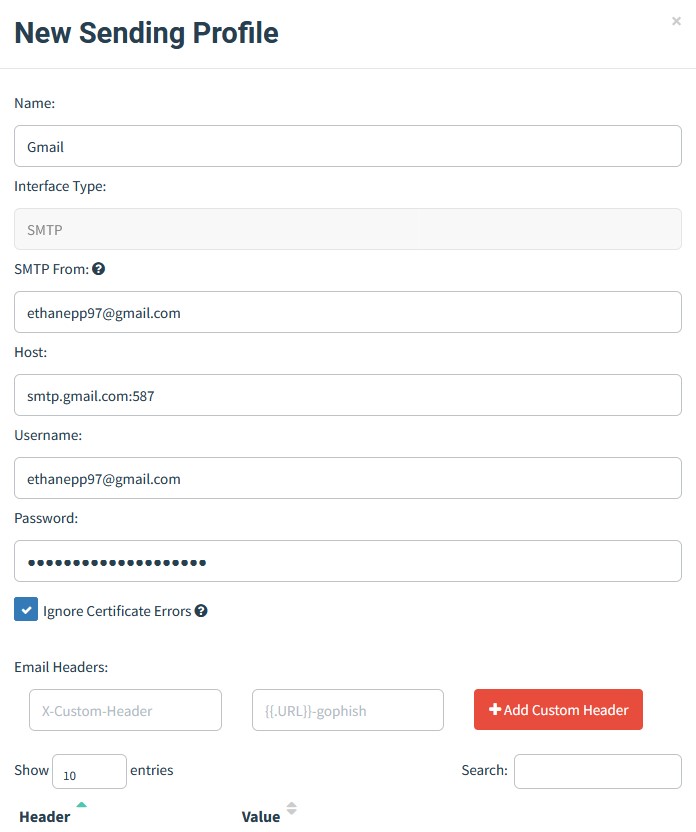 Creating a Gophish Sending Profile
